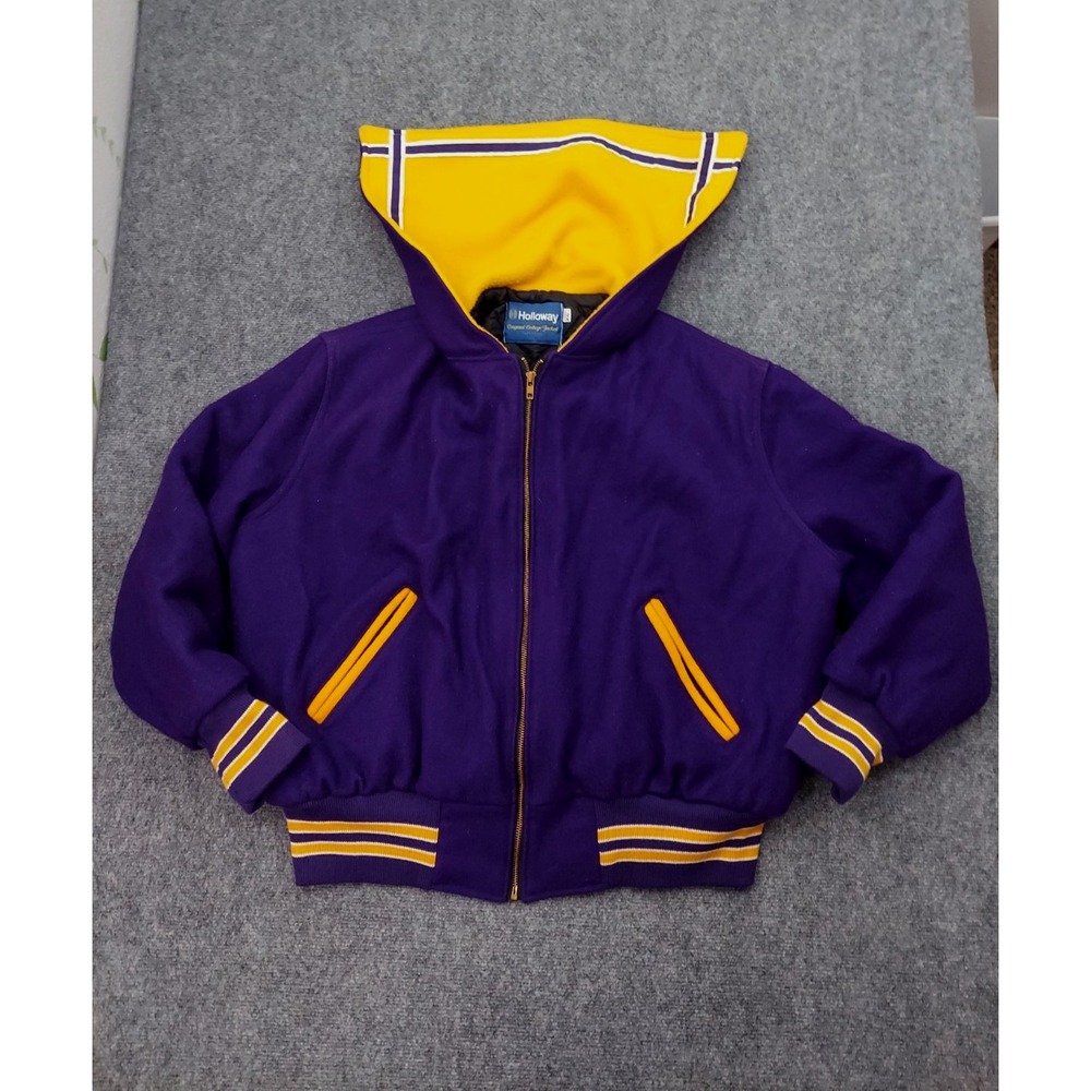 Vtg Holloway Lettermans Jacket Womens 2XL Purple Yellow Wool Zip Sailor Quilted